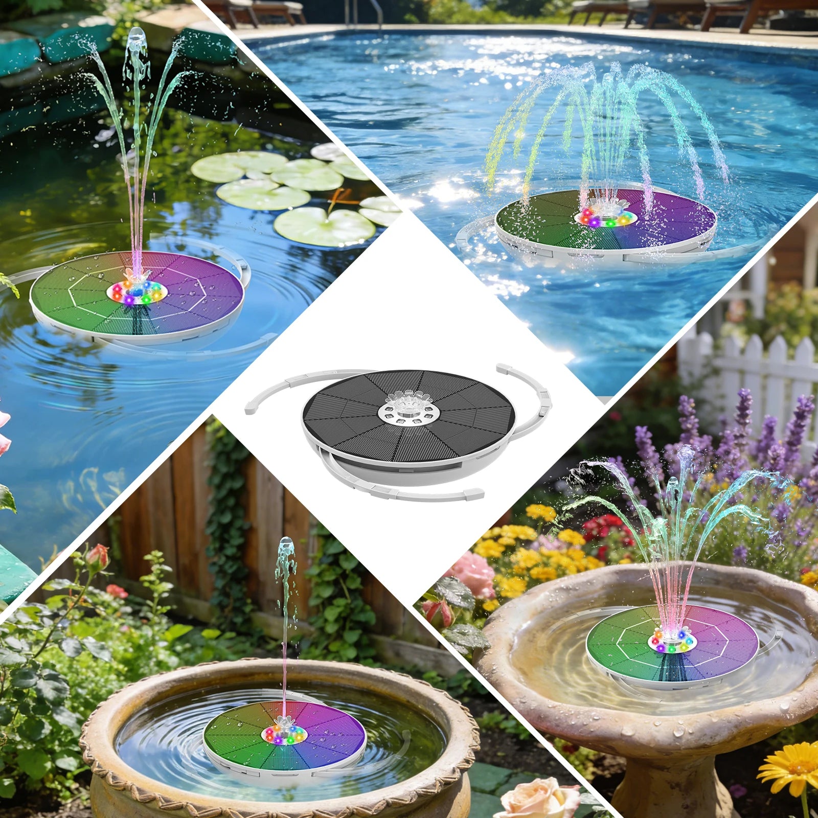 6.5W Solar Water Fountain with LED Colorful Lights & 3000mAh Battery, DIY Solar Bird Bath Fountain Pump, For Bird Bath Garden Oasis Select