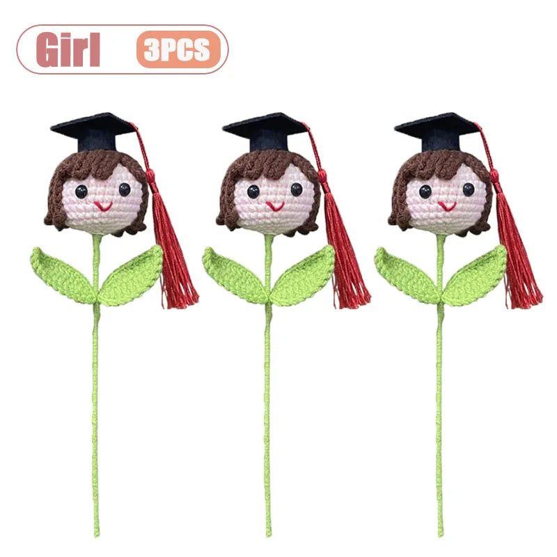 Graduation Season Crochet Bouquet with Graduation Cap Handmade Knitted Flower for Boys Girls Teacher Gift School Oasis Select Girl-3PCS