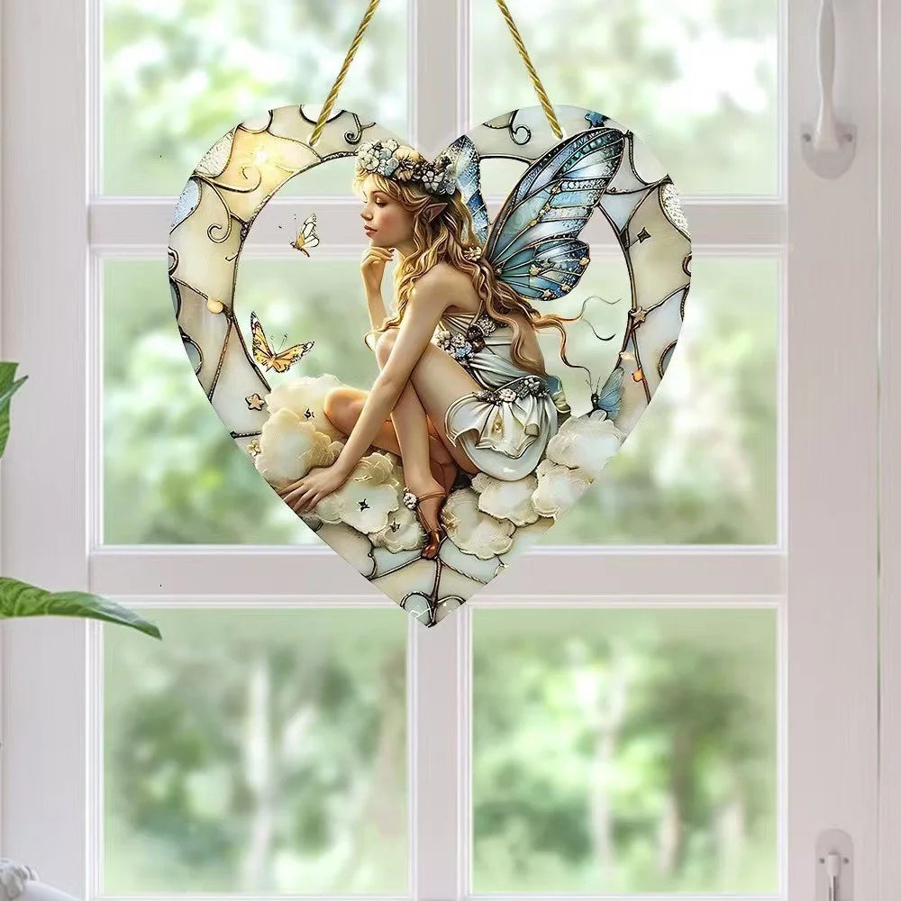 New Colorful Fairy Angel Art Flower Suncatcher Stained Window Hanging Heart Shape Acrylic Pendant For Home Garden Yard Ornament Oasis Select