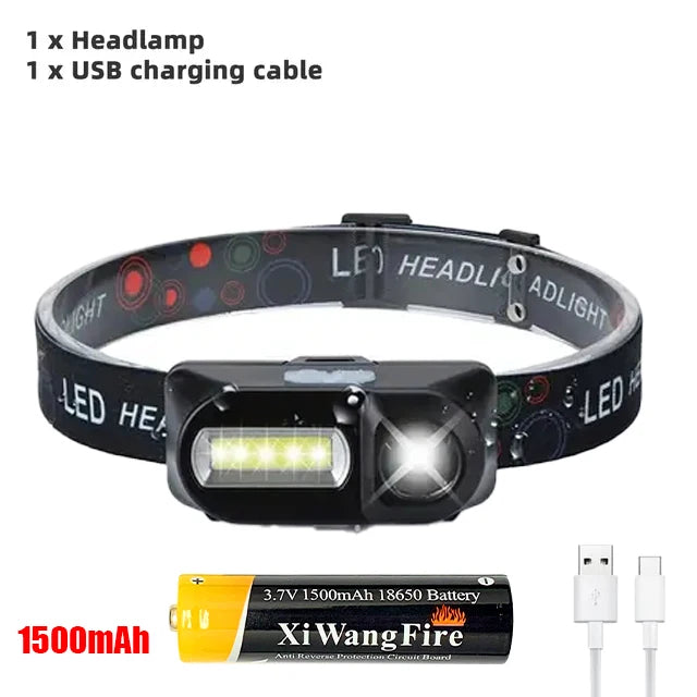 Mini Portable XPE+COB Headlamp Dual Light Source USB Rechargeable Use 18650 Battery Outdoor Camping Fishing Headlight Oasis Select with 1500mAh battery