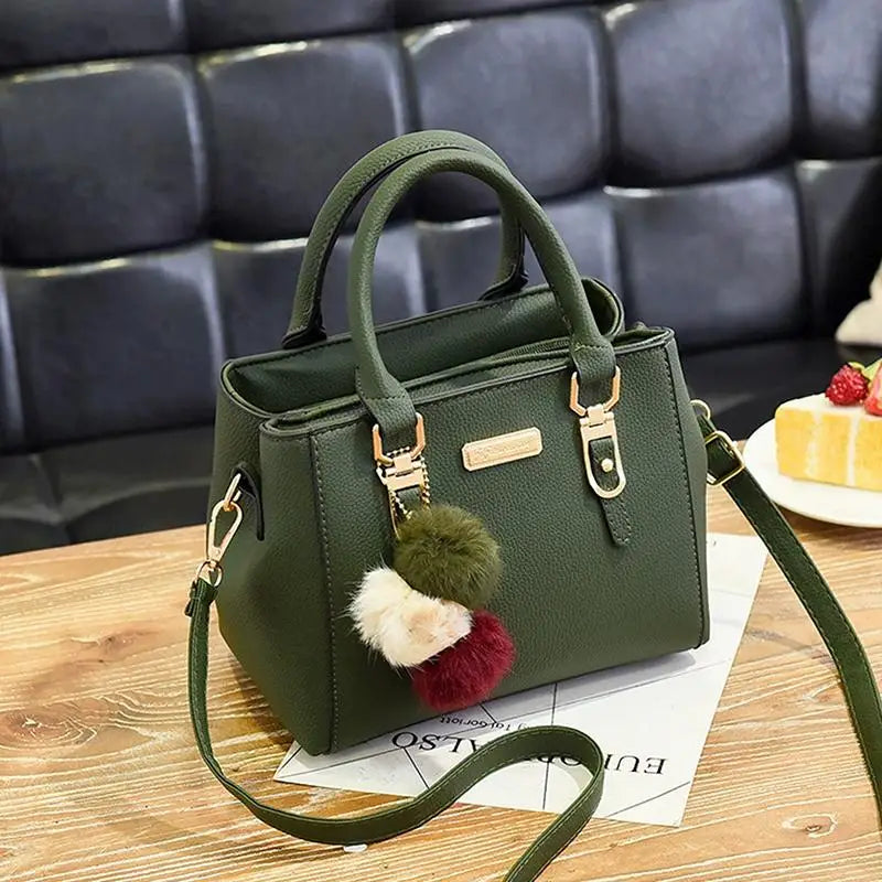 Women's PU Leather Tote Bag | Pom-Pom Crossbody Shoulder Handbag