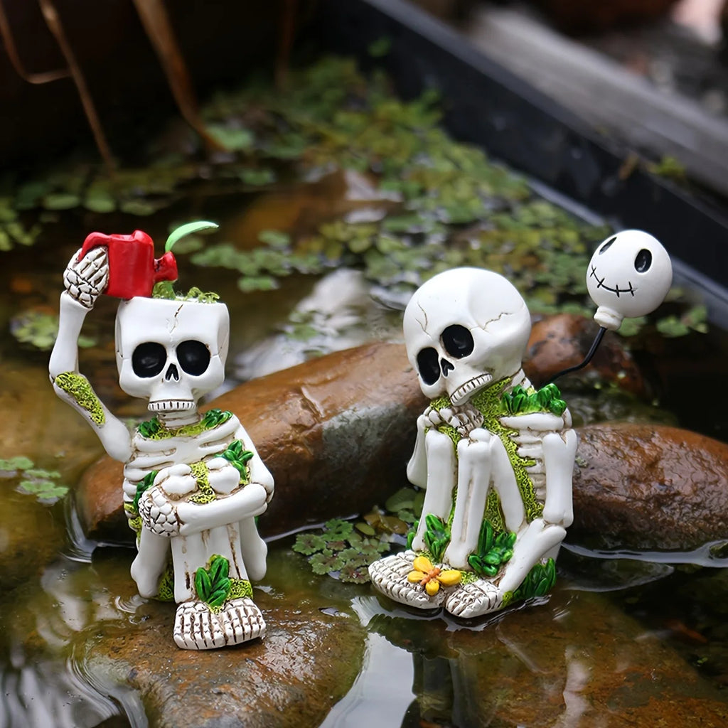 Outdoor Little Skeleton Thinking Statue Set of 2 Pieces, Fun Garden Skeleton Decorations, Suitable for Halloween in the House Oasis Select