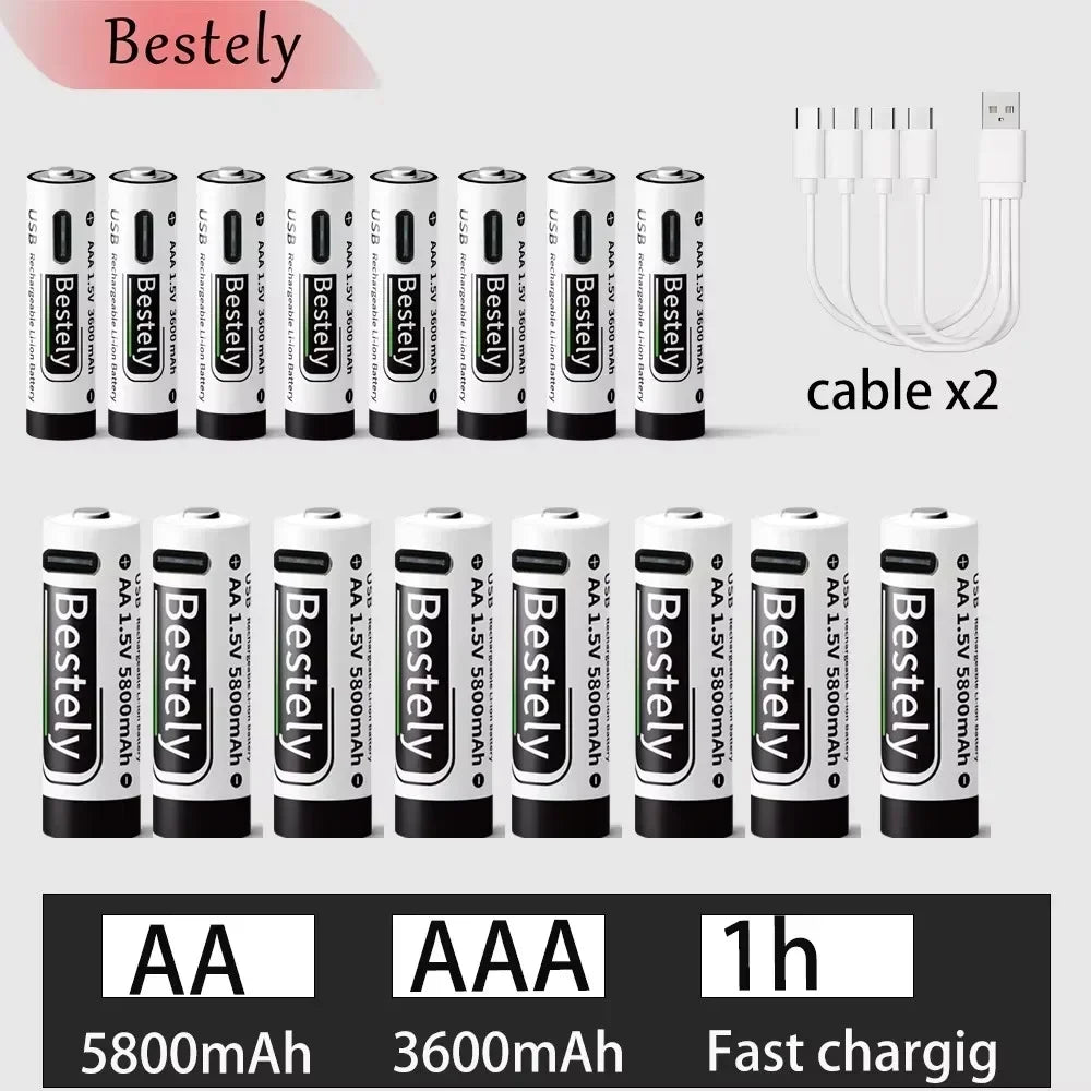 AA AAA Battery 1.5V 5800mAh and 3600mAh Lithium Rechargeable Batteries Fast Charging Li-ion Battery 2000 Cycles Type-C Cable Oasis Select 8AA 8AAA