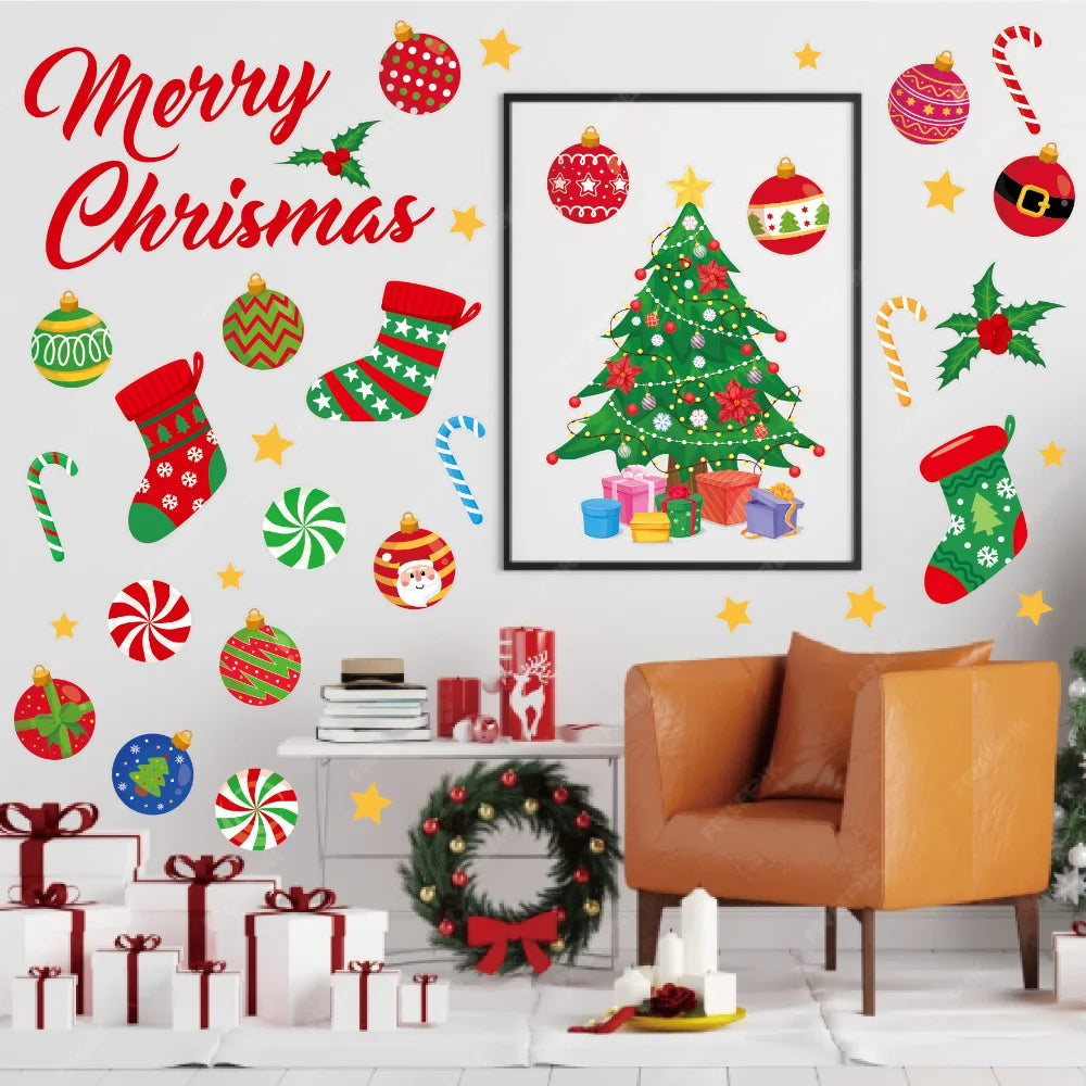 Christmas Wall Stickers Xmas Tree Candy Snowflake Pattern Self-adhesive PVC Sticker New Year Party Wall Window Decoration Decals Oasis Select