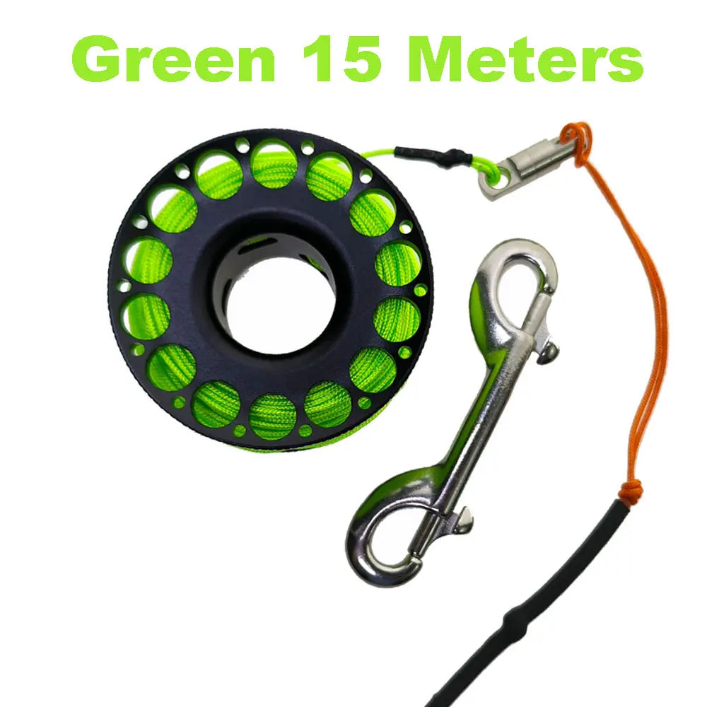 15M 20M 30M Scuba Diving Aluminum Alloy Spool Finger Reel with Stainless Steel double ended hook SMB Equipment Cave Dive Oasis Select Green Line 15M 1