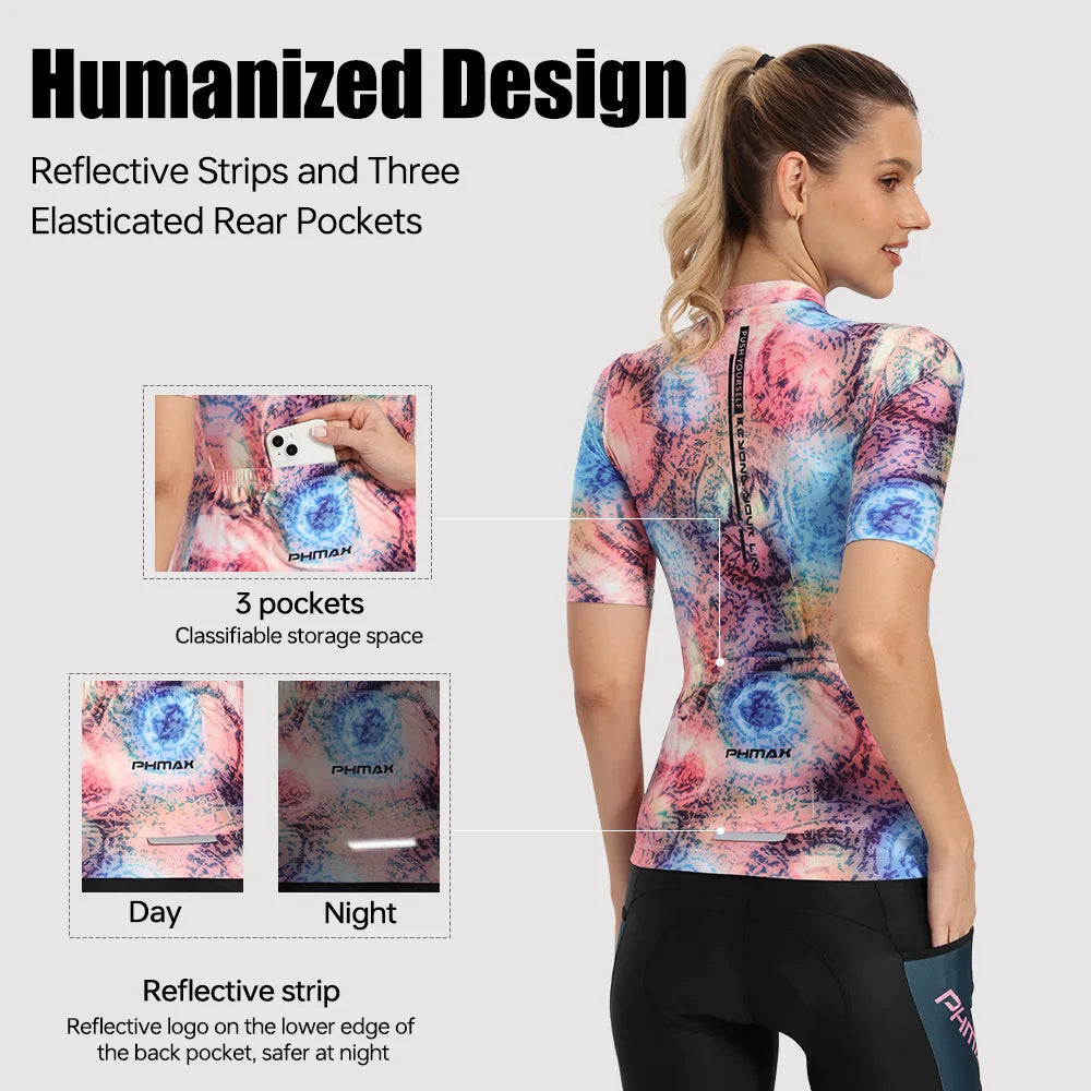 PHMAX Summer Women's Cycling Jersey Breathable Bicycle Mallot Ciclismo Shirts Quick Dry MTB Jersey Short Sleeve with Pocket Oasis Select