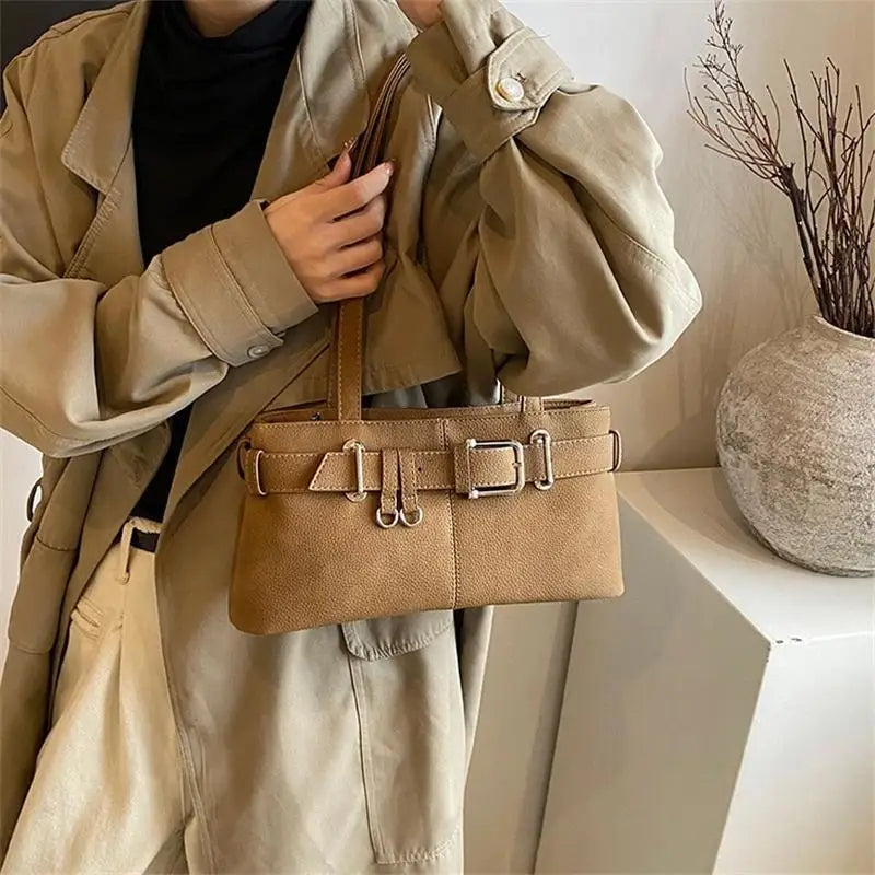 Vintage Solid Color Tote Bag Large Capacity Shoulder Handbag for Women Commute Shopping Daily Use Oasis Select