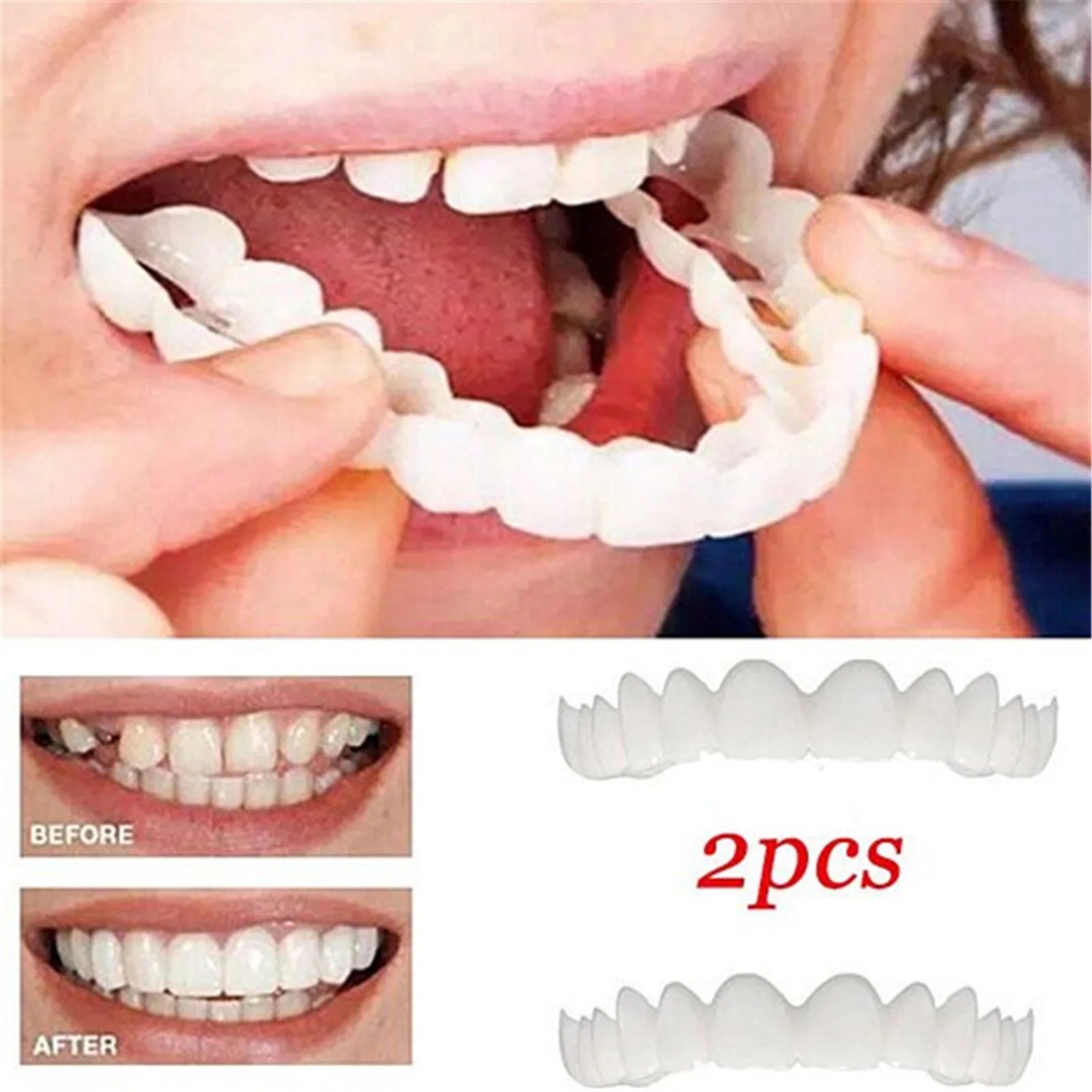 Upper Lower Temporary Comfort Fit Fake Teeth Cosmetic Denture Smile Veneers False Teeth Brace Cover With Gutta Percha Glue Gel Oasis Select white