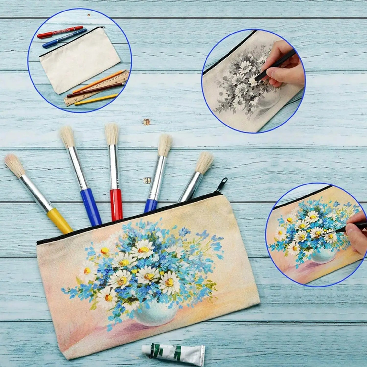10pcs Blank Beige Diy Craft Bag Canvas Pencil Case Makeup Bags Zipper Pencil Bag Cosmetic Pouch Student Stationery Supplies Oasis Select