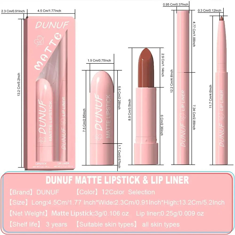 DUNUF 12-Color Matte Lipstick & Lip Liner Set – Waterproof