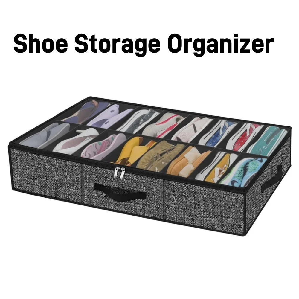 Shoe Storage Organizer Box with Reinforced Handles for Under Bed, Fit 12 Pairs, Collapsible Closet Underbed Shoes Container Bags Oasis Select black
