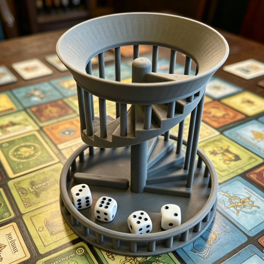 3D Printed Cage‑Style Spiral Staircase Dice Tower Roller Tray Fair Random Rolling for DND RPG MTG Tabletop Role‑Playing Game Oasis Select Light Grey 15X15X15cm