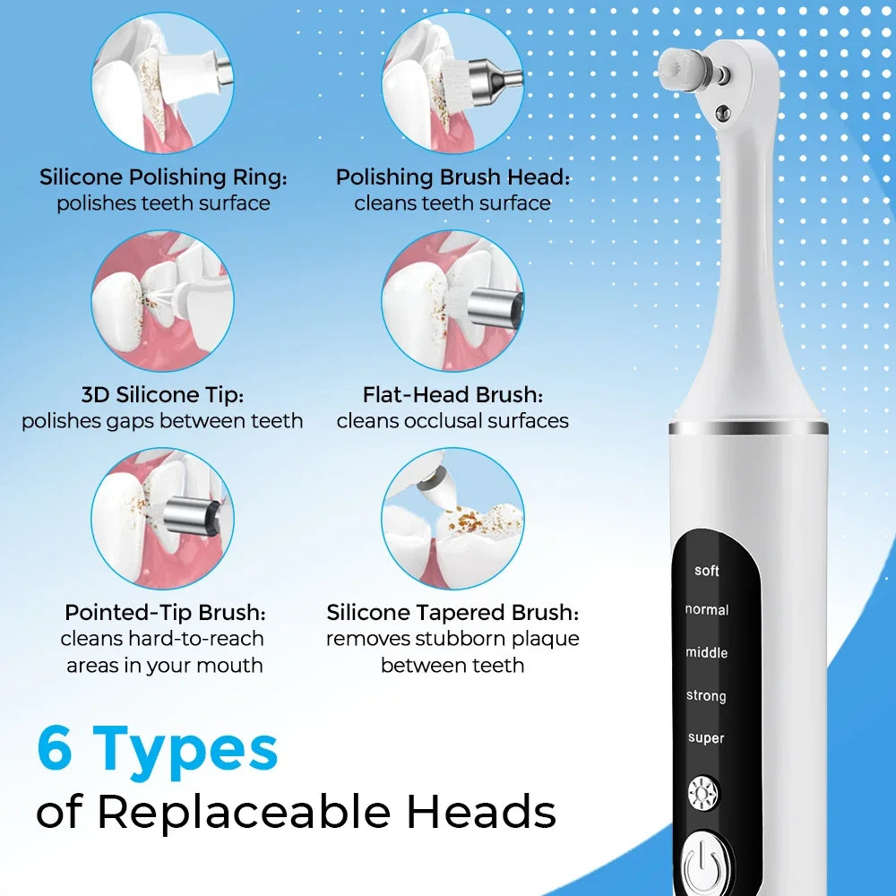 Electric Tooth Polisher Whitening Kit – 5 Modes & 6 Brush Heads