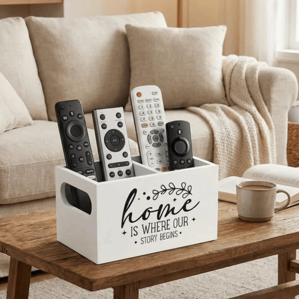 Wooden Remote Control Storage Box – 2-Slot Desktop Organizer