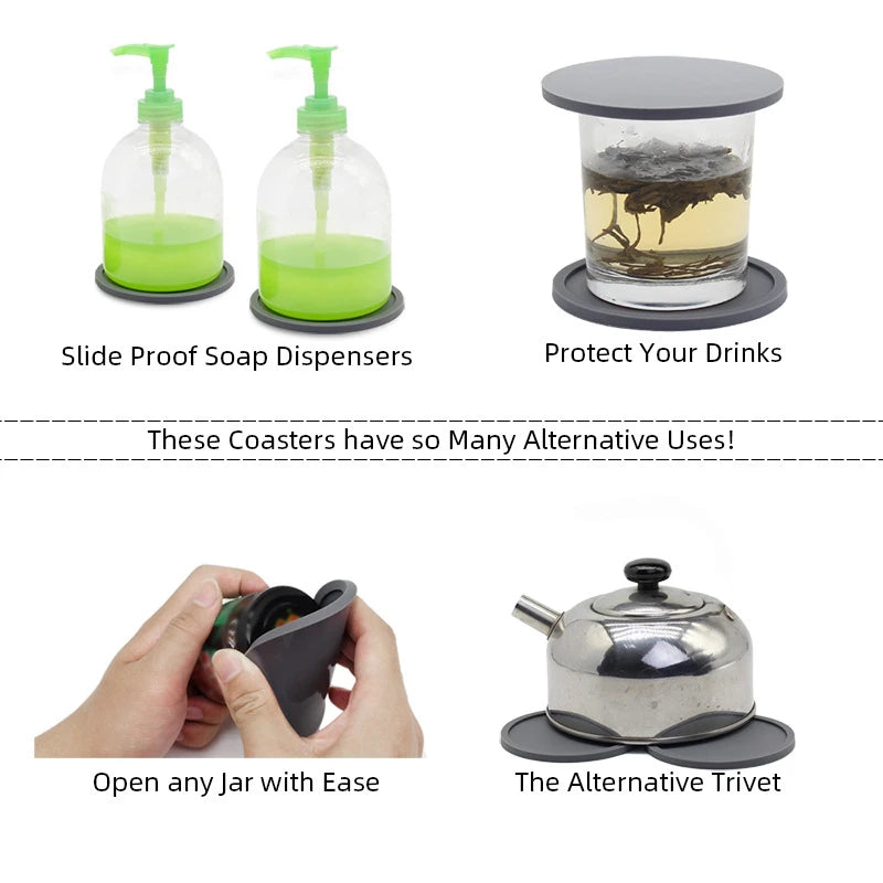 6pcs Non-slip Silicone Drinking Coaster Set Holder Cup Coaster Mat Set Round Coffeee Cup Mat Set Black Tabletop for Home Kitchen Oasis Select