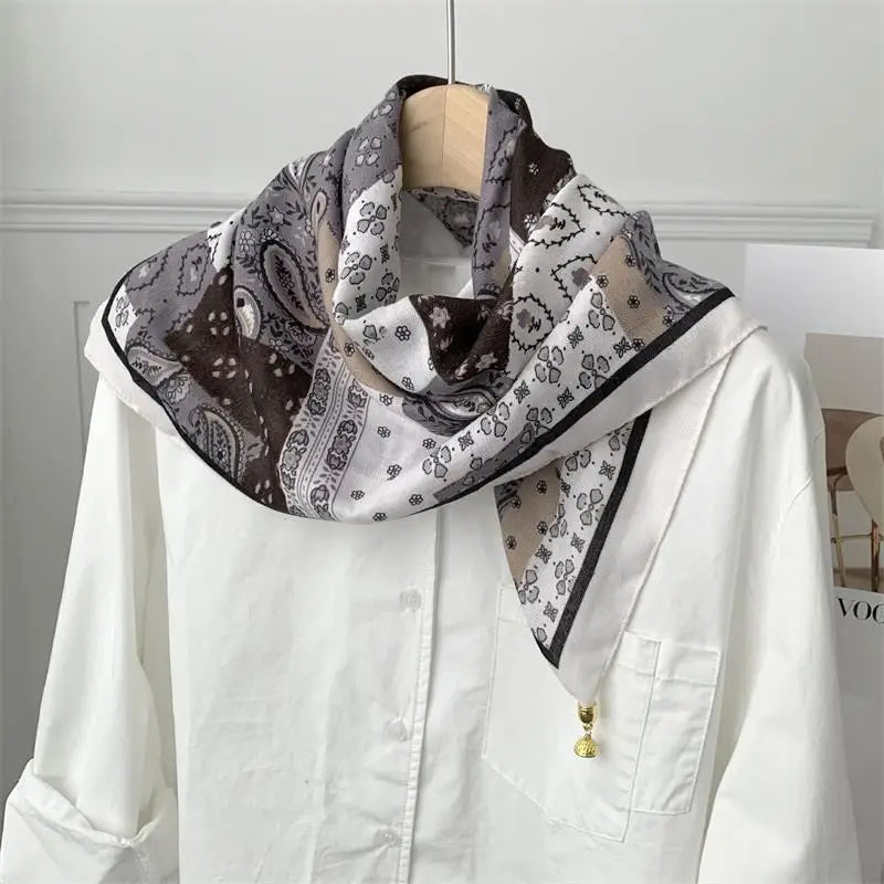70*70 Square Scarf Retro Print Silk Scarf With Magnetic Buckle Women Neck Scarf All-match Shawl Fashion Headscarf Accessory Gift Oasis Select A1