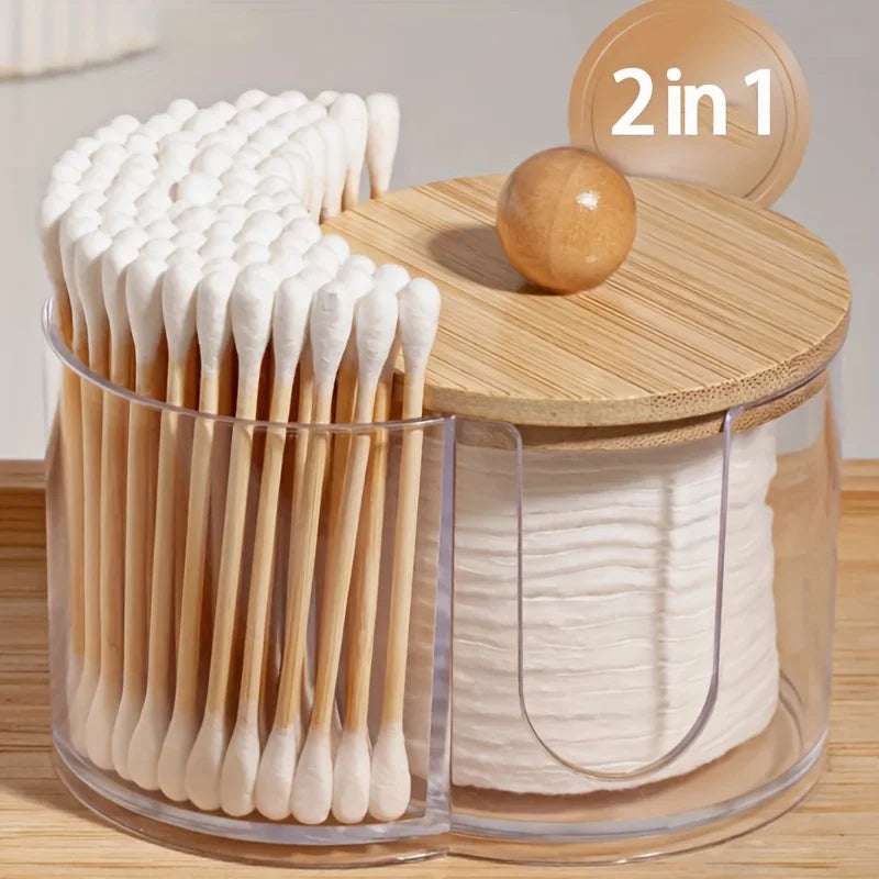 2-in-1 Clear Cotton Pad Swab Organizer Bamboo Lid Dual Compartment Space Saving Bathroom Vanity Storage Box with Bamboo Cover Oasis Select
