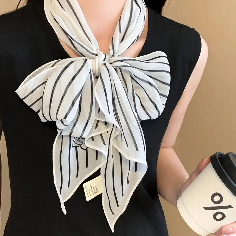 Striped Silk Scarf Women Lightweight Breathable Fashion Neck Head Scarf Daily Office Travel Beach Accessory Office Daily Wear Oasis Select A3