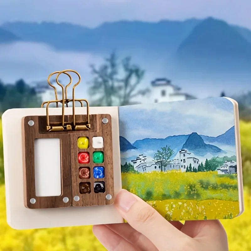 8/15 grids, mini wooden watercolor palette set, including clips, brushes, portable palette, no drawing books, paints Oasis Select