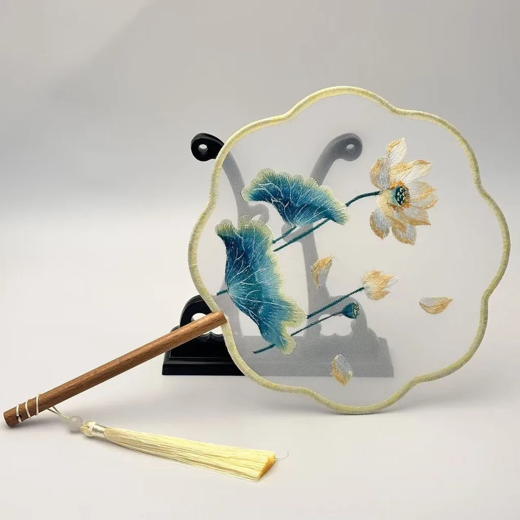 Chinese Style Silk Round Fan Double-sided Floral Embroidery Hand Fans with Tassel Summer Dance Fan For Women Wedding Home Decor Oasis Select Assorted Colors-004