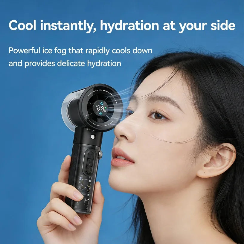 Futuristic Transparent Handheld Spray Fan 100 Speed Dial AI Display 10H Battery Brushless Motor Portable Misting Fan For Office Oasis Select