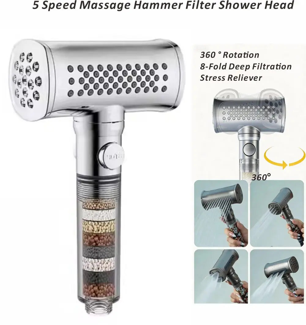 New 5 Modes Hammer High Pressure Water Saving Filter Shower Head Beauty Massage Shower Stress Reliever Bathroom Accessories Set Oasis Select