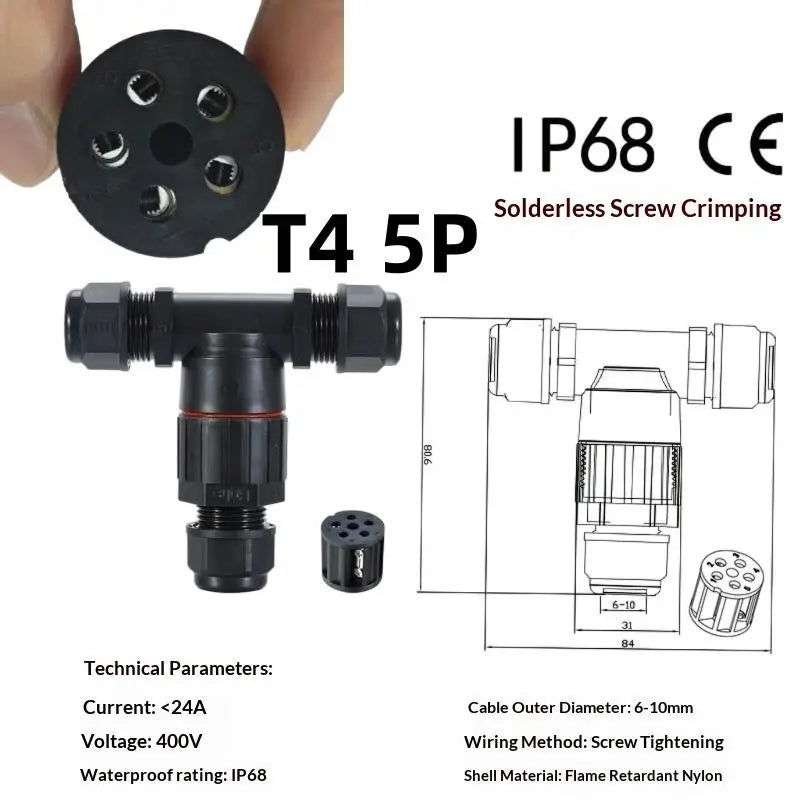 1Pc Quick Screw Push-in Terminal, IP68 Waterproof T-Type Electrical Connector 2/3/4/5 Pin, Wiring Harness Junction Box Connector Oasis Select T4 5PIN 24A