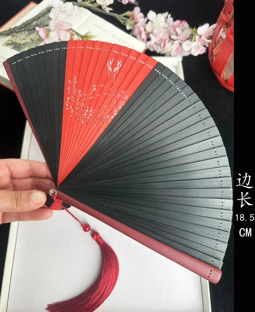 Bamboo Folding Fan Ancient Style Chinese Style Classical Dance Black Fan Summer Portable Folding Fan Oasis Select red