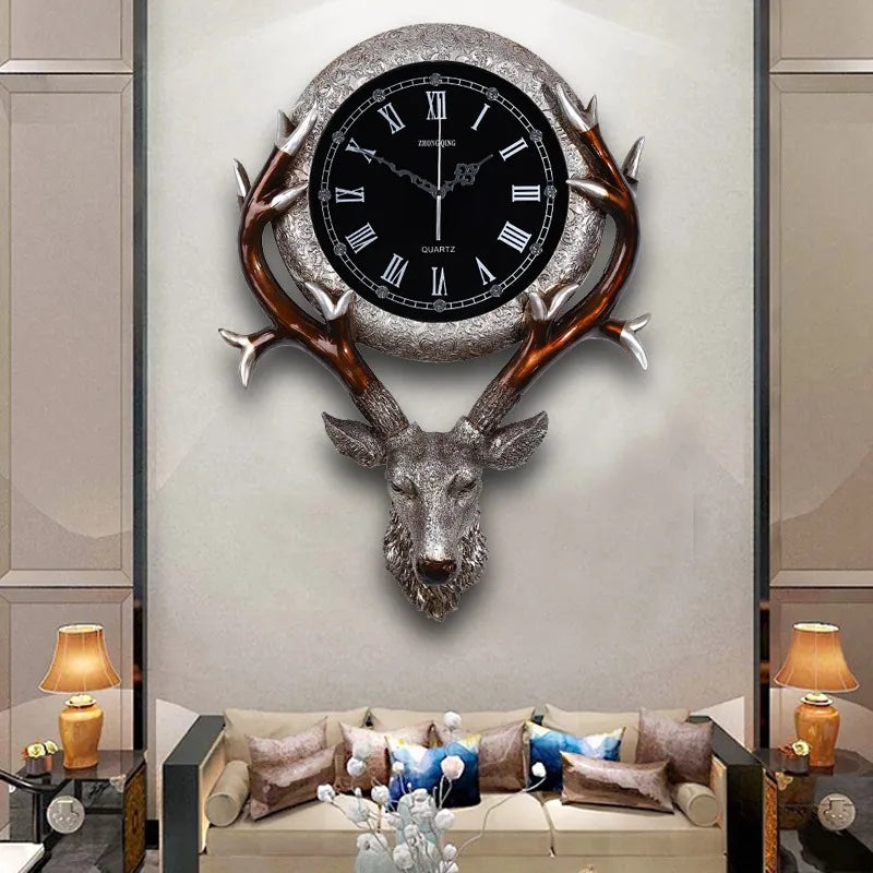 European Clock Living Room Creative Retro Deer Head Wall Clock Porch Home Silent Wall Clock Home Decor Living Room Decoration Oasis Select