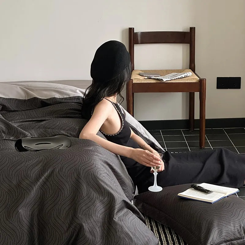 Bed Sheets Duvet Covers Four Piece Bedding Light Luxury High-end Black and Red Jacquard All Cotton Pure Cotton New Style Oasis Select D Bed sheet style 2.0cm