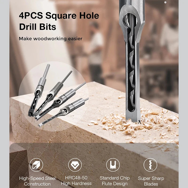 JUSTINLAU HSS Square hole drill Woodworking Drill Tools Auger Mortising Chisel Drill Set DIY Furniture Square Woodworking drill Oasis Select
