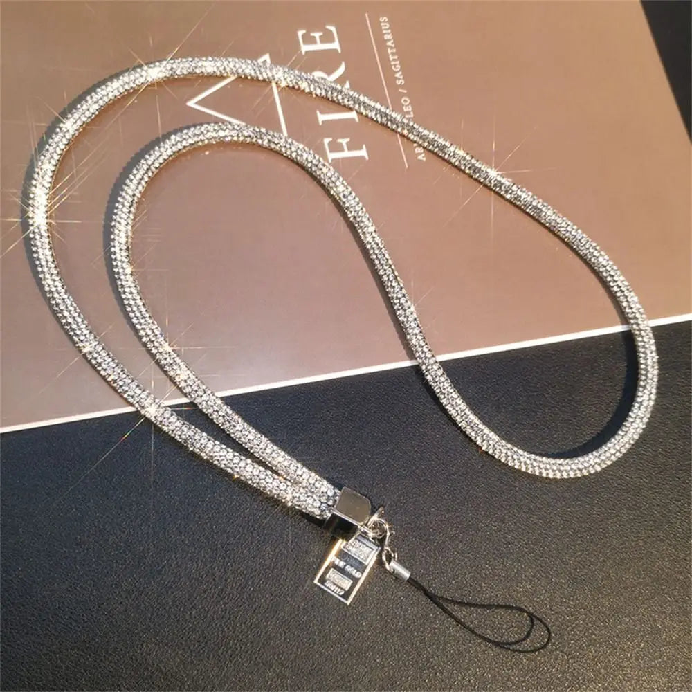 Rhinestone Lanyard Mobile Phone Lanyard Women's Luxury Full Diamond Pendant Long Neck Strap Anti-lost Sling Short Wrist Chain Oasis Select Silver Long
