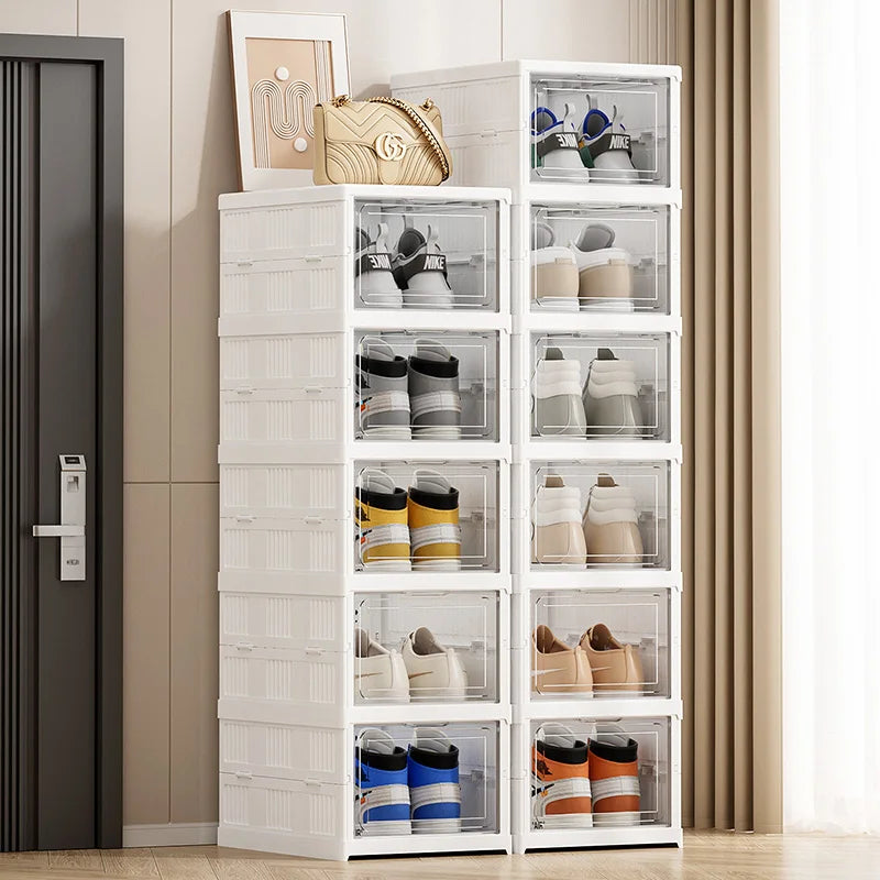 White Foldable Shoe Cabinet,3-9 Tier Heavy-Duty Storage Box for Shoes, Bags, Figurines in Living Room/Bedroom Oasis Select