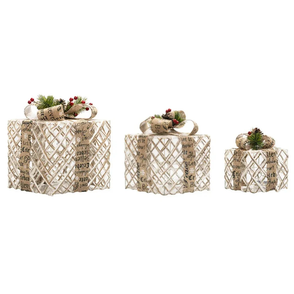 3 Piece Plush Christmas Light Up Boxes Set Featuring Metal Frame Silver Wire Wrap and Timer Function for Seasonal Use Oasis Select Curry White China Mainland