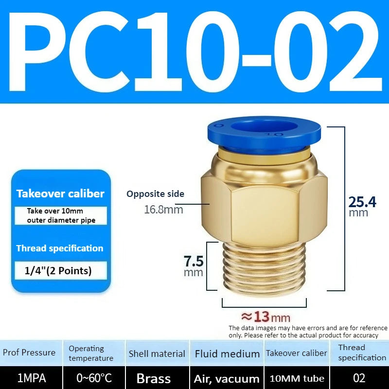 Copper Pneumatic Quick Plug Quick Connector 1/4 "1/8" 3/8 1/2 Thread PC 4mm 6mm 8mm Straight Hose Connector Pipe Oasis Select PC10-02 Blue