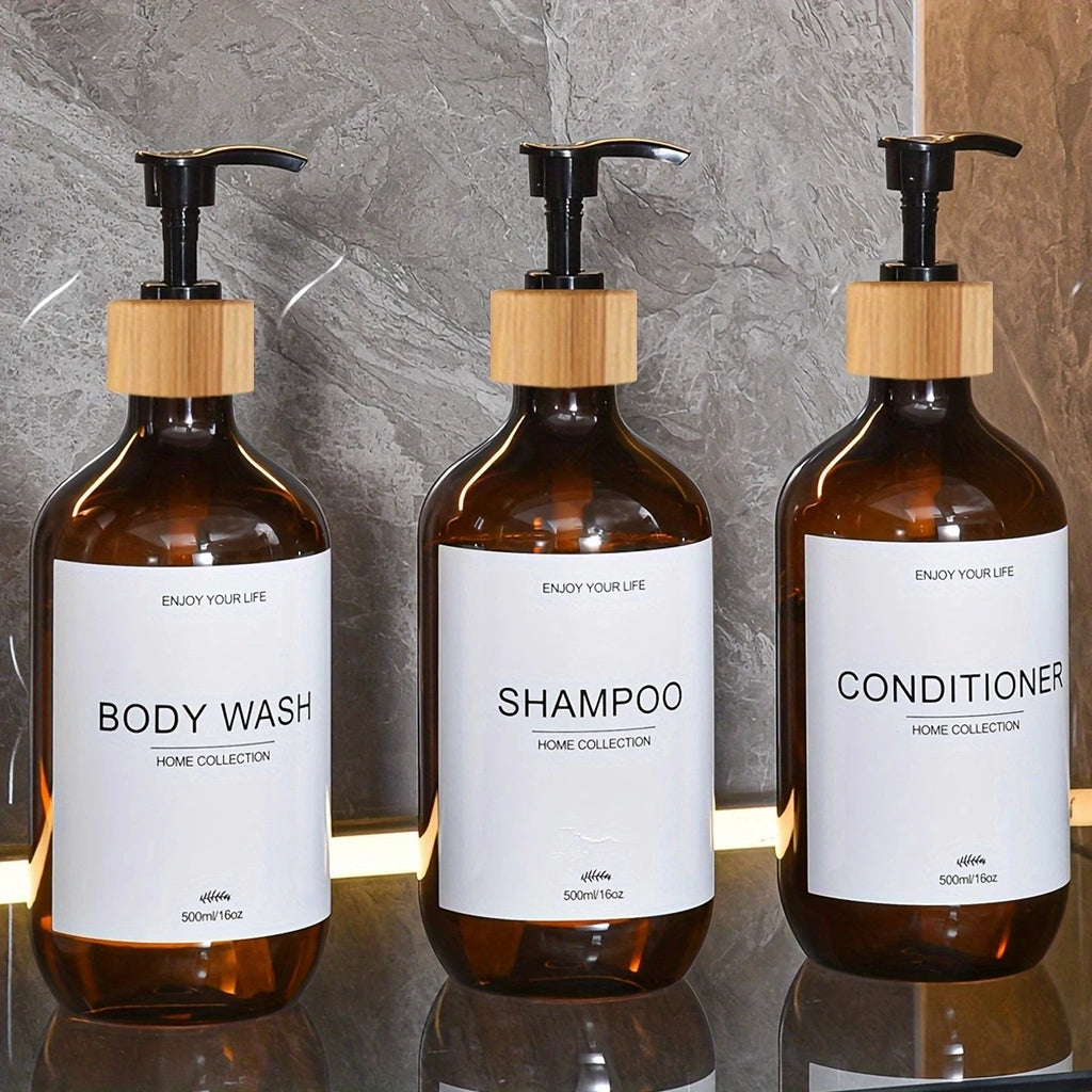 Bathroom Shampoo Dispenser Set 500ml Conditioner Body Wash Bottles Refillable Dispenser Farmhouse Decoration Storage Bottles Oasis Select Brown