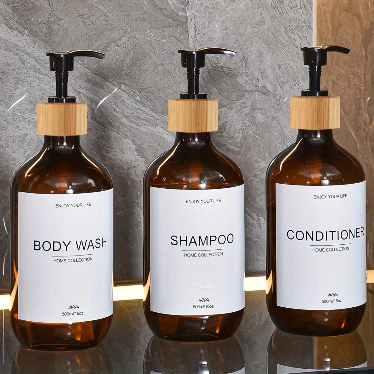 Bathroom Shampoo Dispenser Set 500ml Conditioner Body Wash Bottles Refillable Dispenser Farmhouse Decoration Storage Bottles Oasis Select Brown