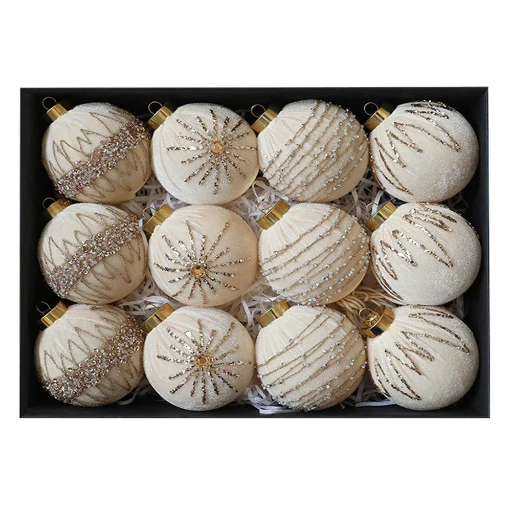 12Pcs Velvet Flocked Christmas Ball Ornaments 8cm for Tree Wreath Garland and Fireplace Mantel Decoration with Hanging Loop Oasis Select Gold China Mainland