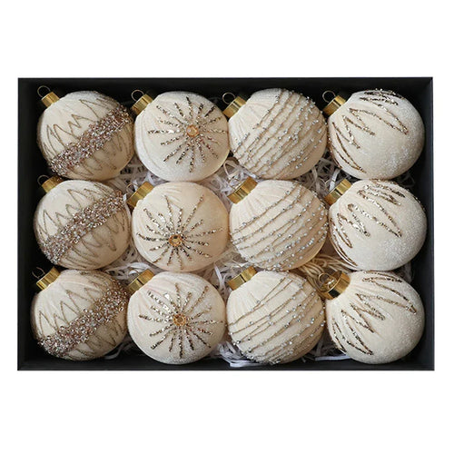 12Pcs Velvet Flocked Christmas Ball Ornaments 8cm for Tree Wreath Garland and Fireplace Mantel Decoration with Hanging Loop Oasis Select Gold China Mainland