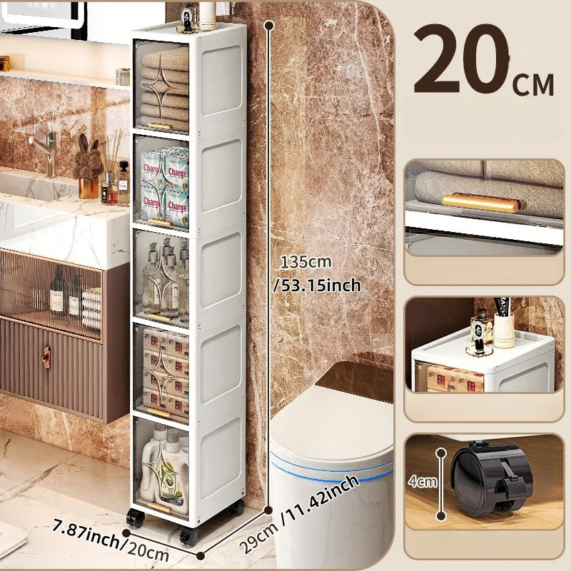 Heavy-Duty Space-Saving Flip Slim Cabinet 3-5 Tiers 20cm Wide Rolling for Kitchen Bedroom Bathroom Living Room 2 Colors Option Oasis Select 5 Layers-gray