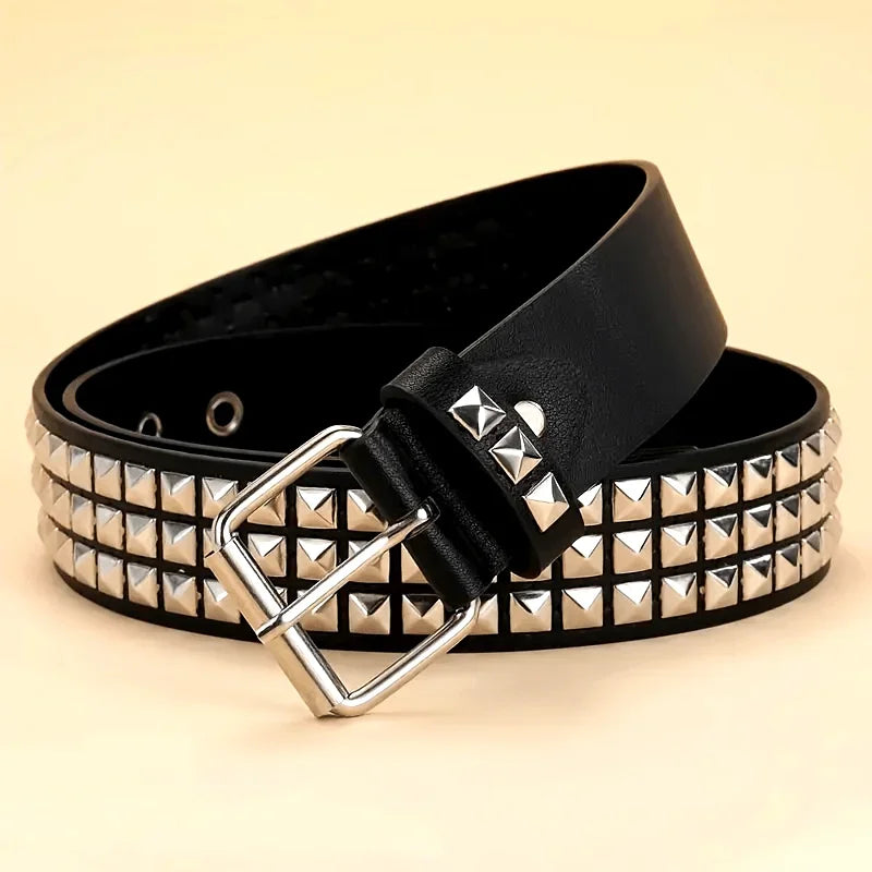 Punk Style Rivet Belt Set Equipped with Stainless Steel Square Buckle PU Panel Material Male and Female Pyramid Rivet Decorat Oasis Select