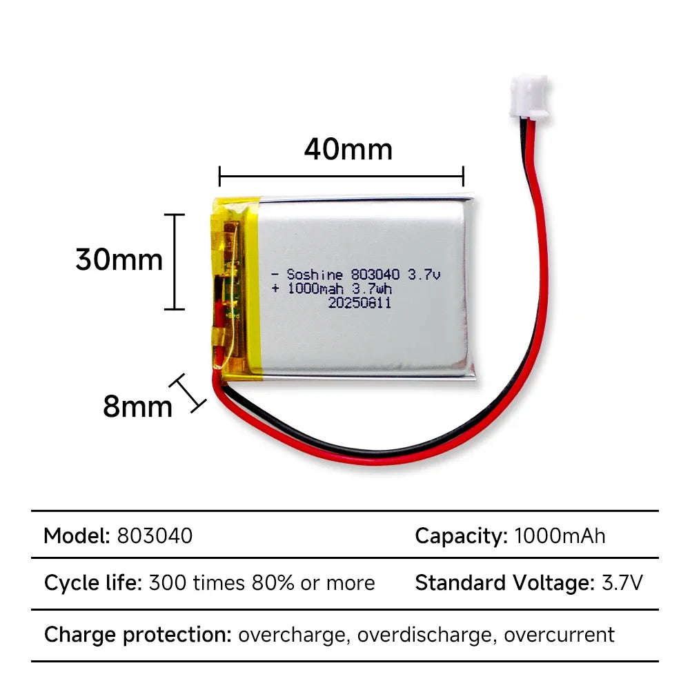 3.7V 803040 1000mAh LIPO Batteries 803040 Lithium Li-Ion Polymer Battery for Remote Control iPod Bluetooth Speaker GPS Oasis Select