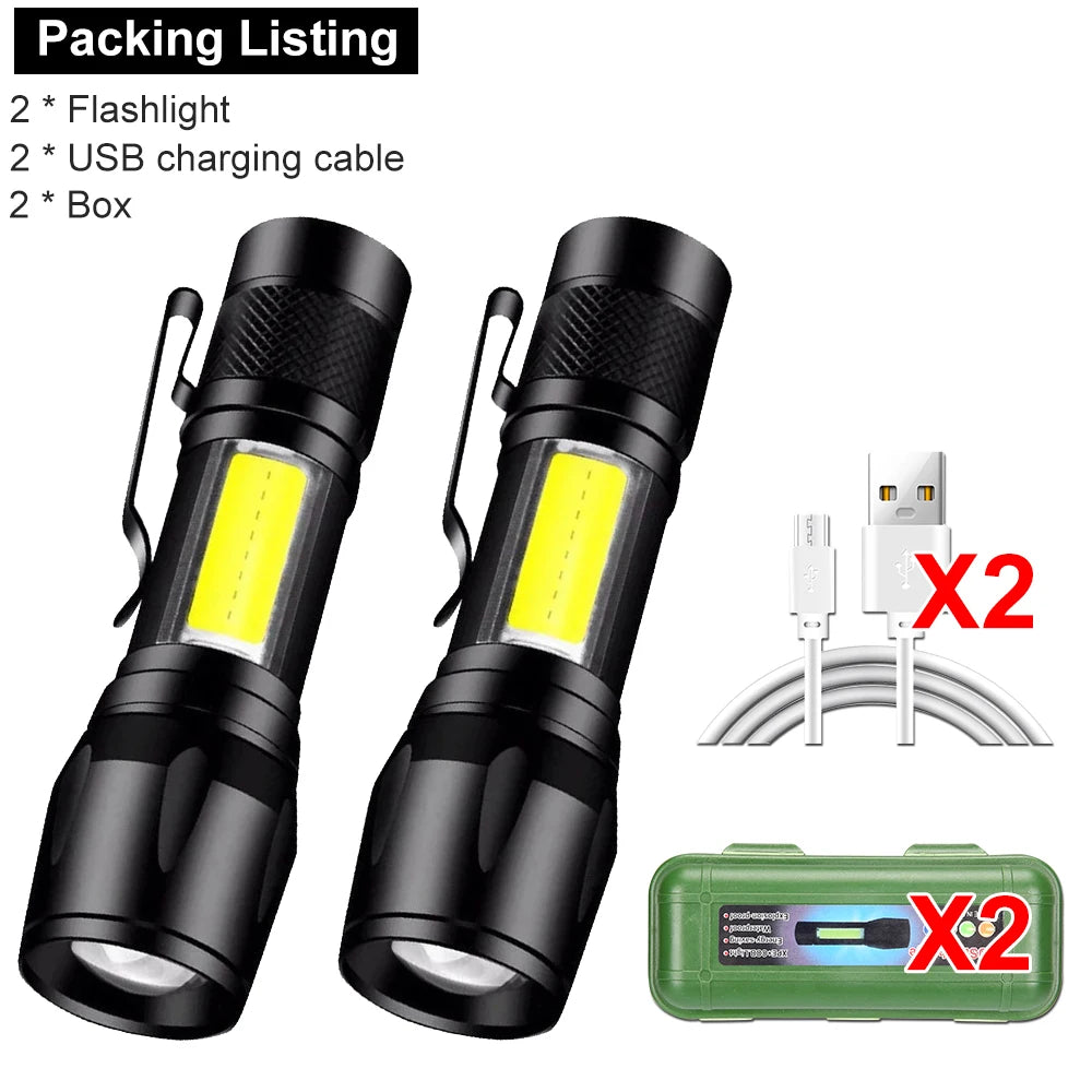 Mini Rechargeable LED Flashlight COB+XPE Portable Torch Camping Lantern Zoomable Focus Light Tactical Flashlight with Pen Clip Oasis Select 2PCS With Box Built in battery