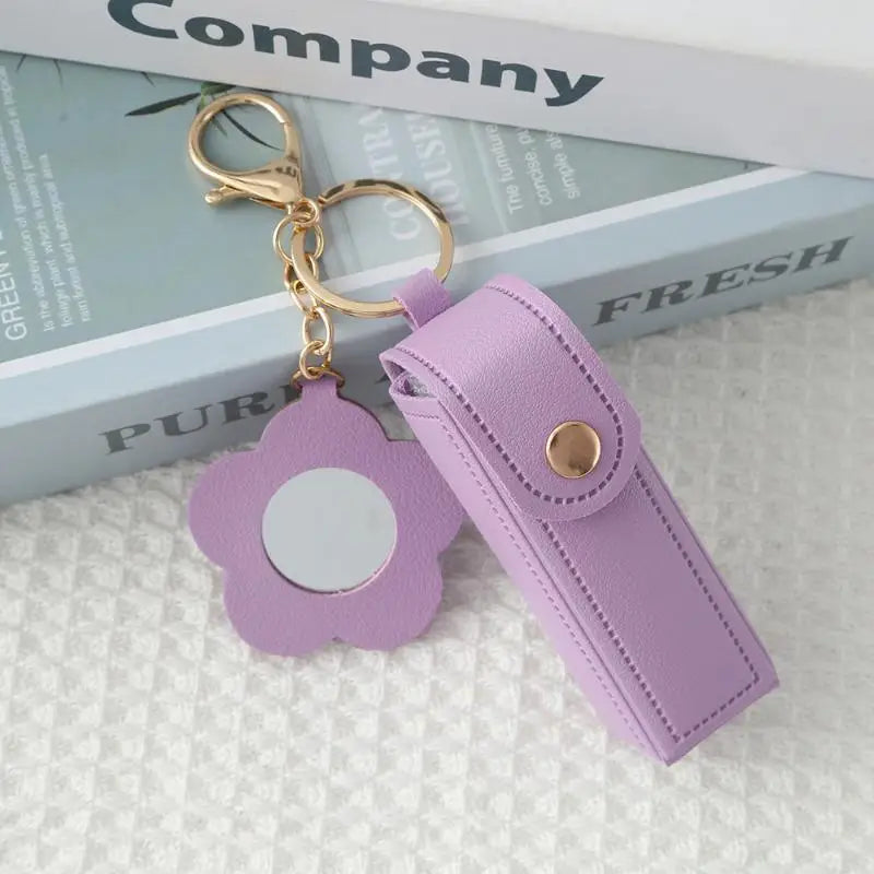 PU Leather Lipstick Holder Keychain with Flower Mirror