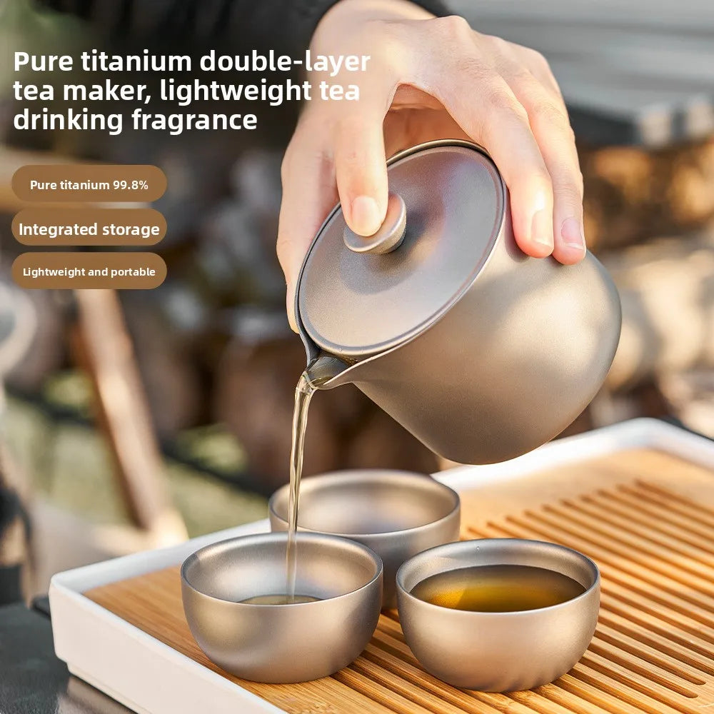 Pure Titanium Tea Set Heat-resistant Double-layer Anti Scald Outdoor Camping Portable Tea Maker Travel Tea Set Oasis Select