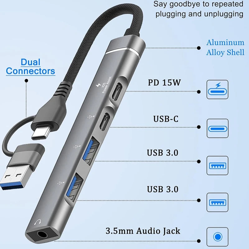 USB+Type-C To 3.5mm Audio Adapter OTG USB hub to Laptop Universal Computer Docking Station Splitter, for pc multiport Adapter Oasis Select