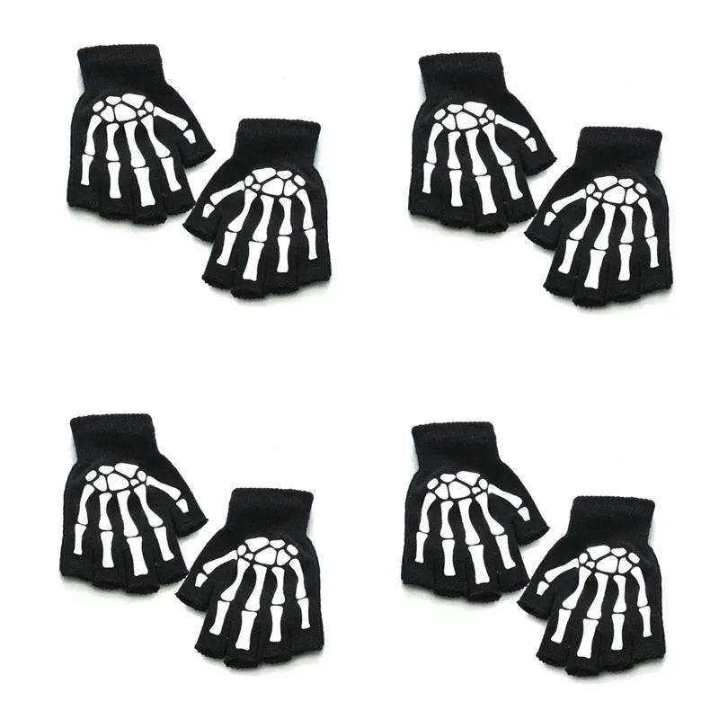 1/2/3/4pairs Adult Kids Halloween Skull Half-Finger Punk Gloves Winter Skull Fingerless Black Gloves Oasis Select 01-4pairs