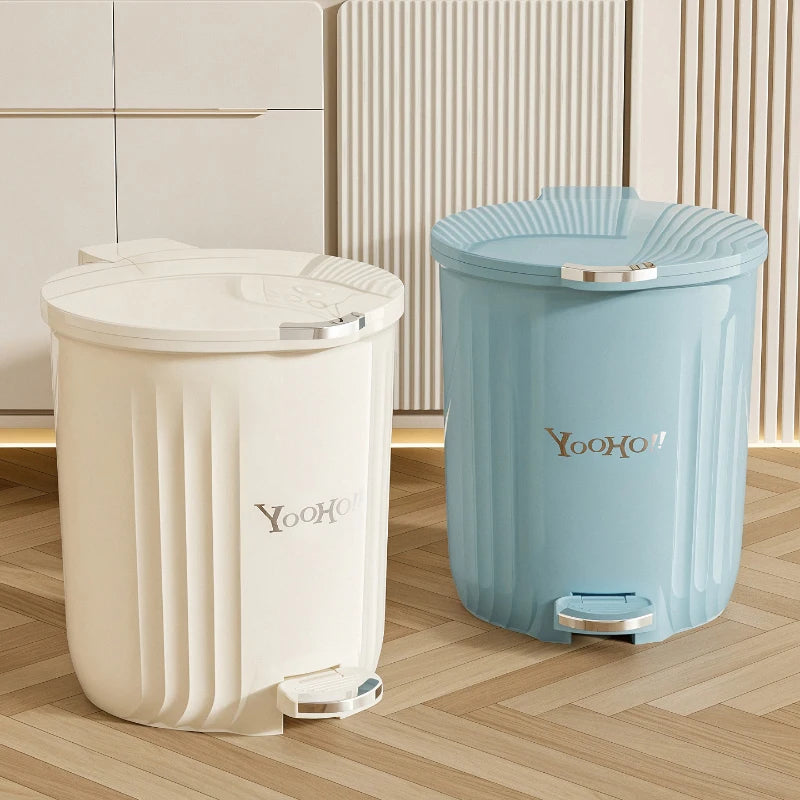 1Pcs Large-Capacity round Foot Pedal Trash Can Lidded Waterproof Waste Bin in Cream & Blue for Office Kitchen Bathroom Oasis Select