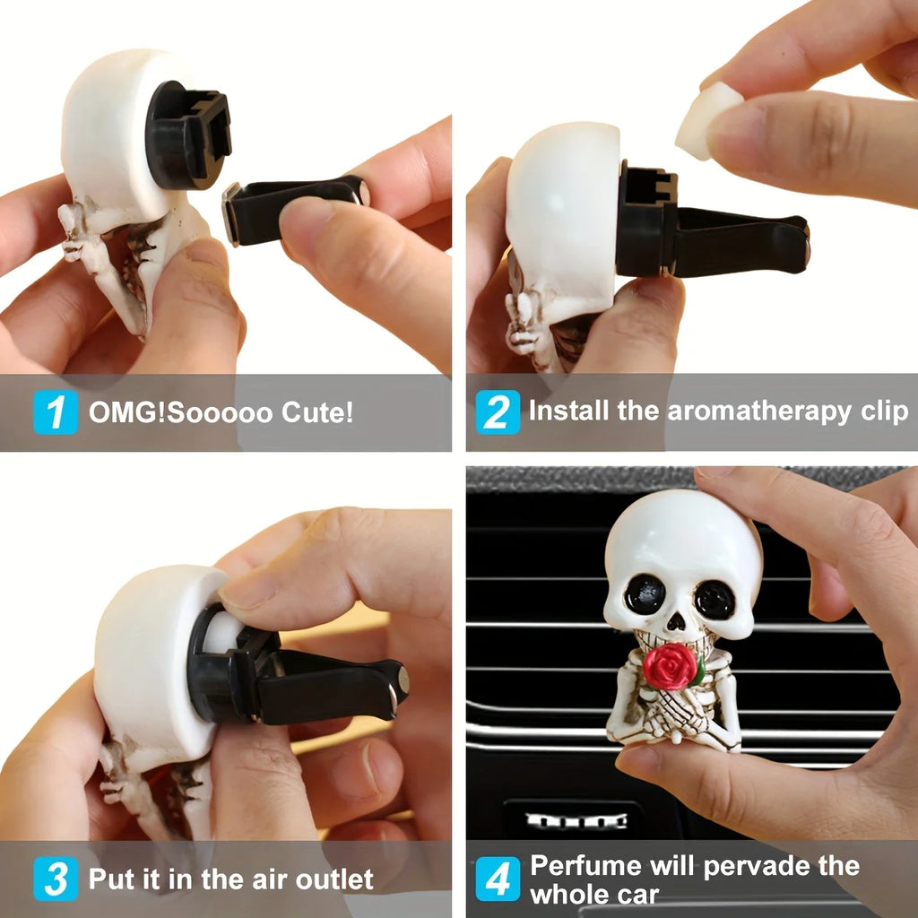3 pieces of cute skull resin statues, aroma diffuser, air outlet decoration, Halloween party decoration, perfect car gift. Oasis Select