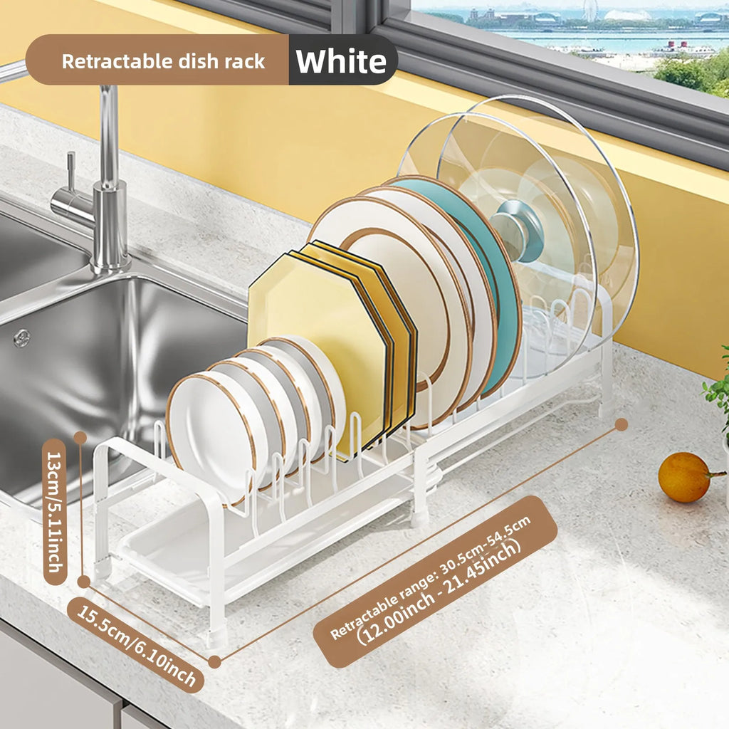 Retractable Dish Storage Rack Kitchen Pot Lid Rack Single Layer Drain Rack Bowl Dish Drain Shelf in Cabinet Oasis Select White